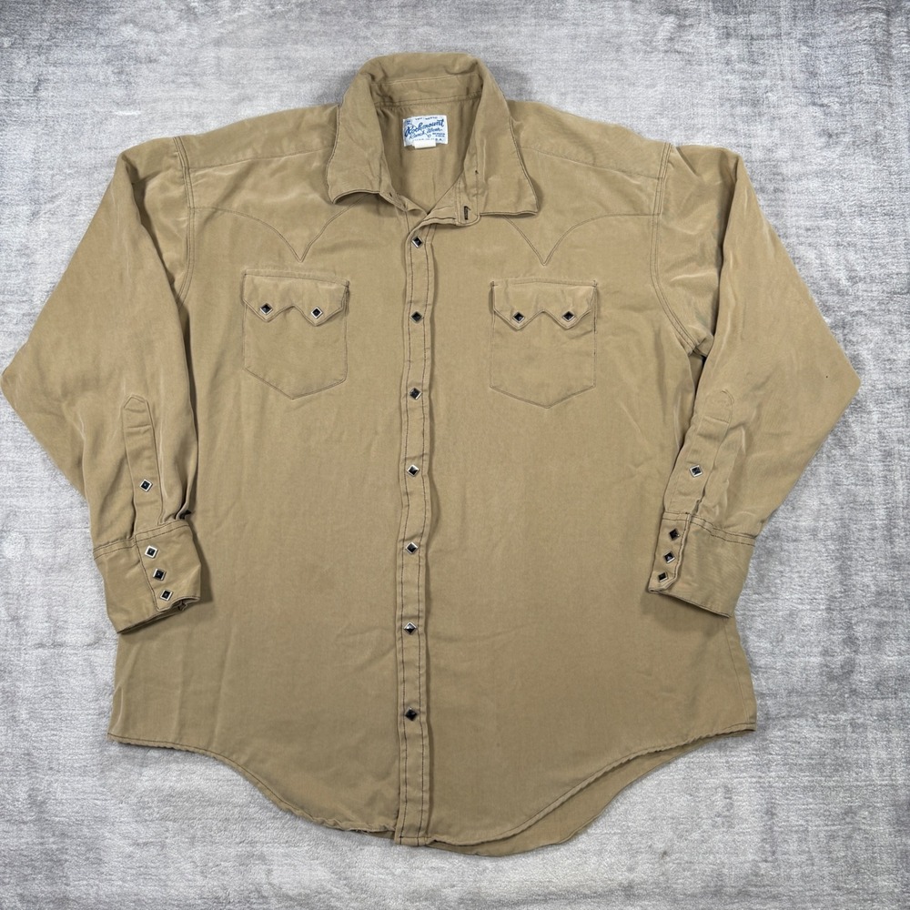 Rockmount Western Shirt Mens XL Tan Sawtooth Pearl Snap Vintage Made in USA